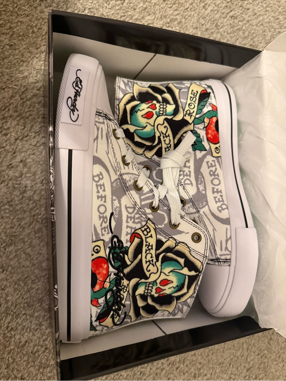 Ed Hardy White High-Top Sneakers with Multicolor Tattoo Roses